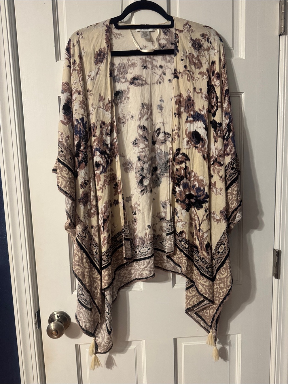 Nine West Cream Floral Draped Kimono with Tassel Trim
